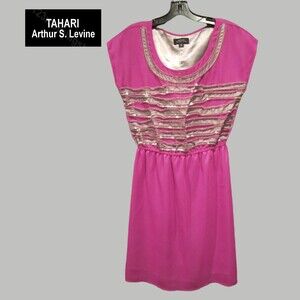TAHARI ASL NEW Embellished Silver Ribbon Violet Dress XS